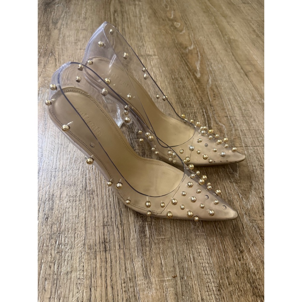 Cult Gaia Clear PVC Gold Studded Pointed Toe Pumps Architectural Heel Size 40